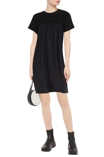 Atm Anthony Thomas Melillo Mousseline-paneled Ruffle-trimmed Cotton-jersey Mini Dress In Black