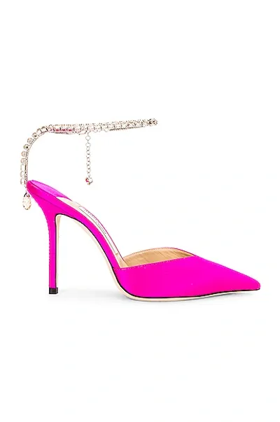 Jimmy Choo Saeda 100mm Satin Crystal Ankle-strap Pumps In Fuchsia