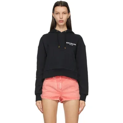 Balmain Black Flocked Logo Cropped Hoodie In Black White