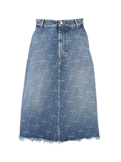 Balenciaga Distressed Denim Midi Skirt In Blue