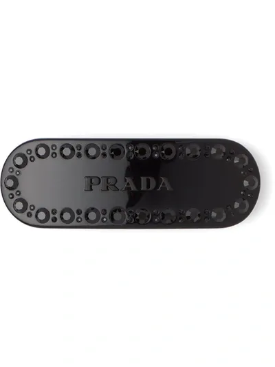 Prada Crystal Embellished Logo Hair Clip In Black