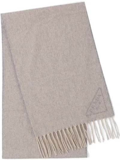 Prada Triangle Logo Cashmere Fringe Scarf In Beige Khaki