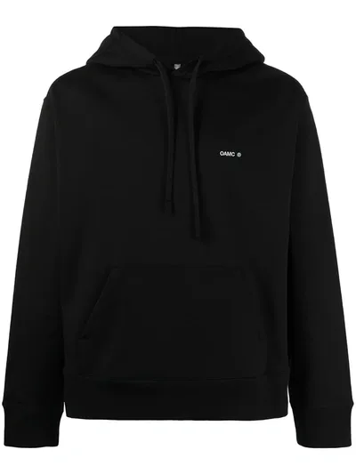 Oamc Outline Logo-print Cotton Hoodie In Black