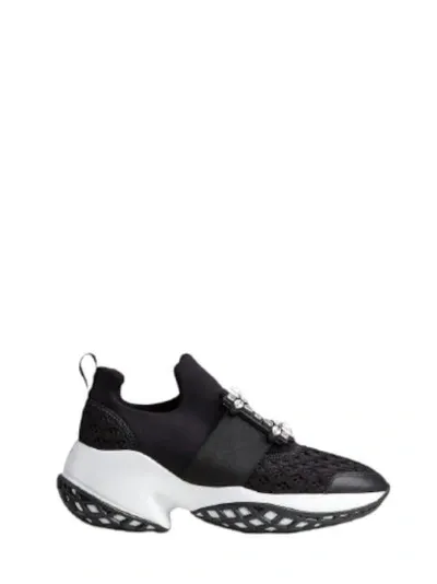 Roger Vivier Viv Run Crystal-embellished Stretch, Mesh And Leather Sneakers In Black