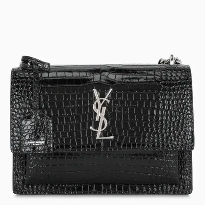 Saint Laurent Black Medium Sunset Bag In Printed Crocodile