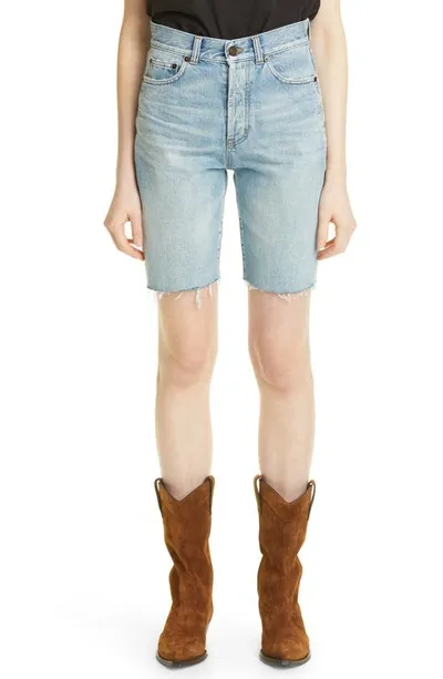 Saint Laurent Distressed Denim Shorts In Light Winter Blue