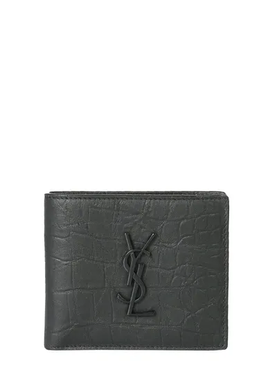 Saint Laurent Ysl-plaque Croc-effect Leather Bi-fold Wallet In Black