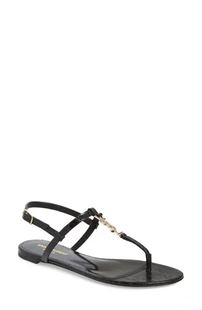 Saint Laurent Cassandra Logo-embellished Croc-effect Leather Sandals In Nero