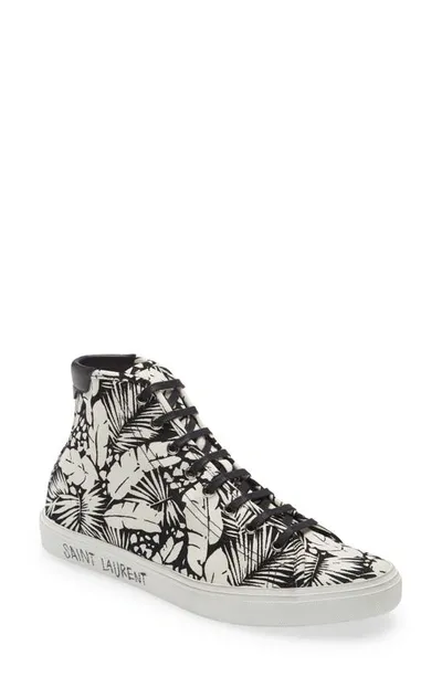 Saint Laurent Palm Print High Top Canvas Sneakers In Black