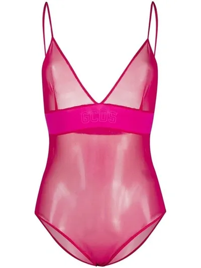 Gcds Logo-embroidered Mesh Bodysuit In Fuchsia