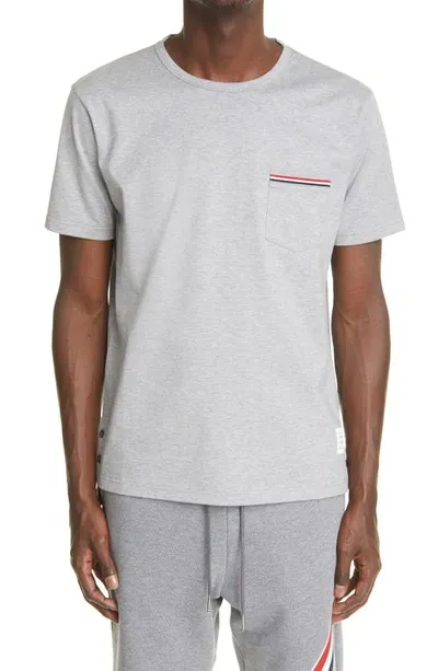 Thom Browne Tricolour-stripe Patch-pocket Cotton T-shirt In Grey