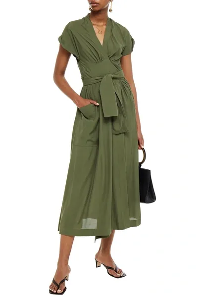 Three Graces London Clarissa Poplin Wrap Midi Dress In Army Green