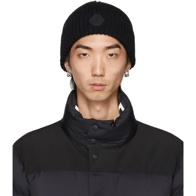 Moncler Black Wool Rib Knit Rubber Logo Beanie