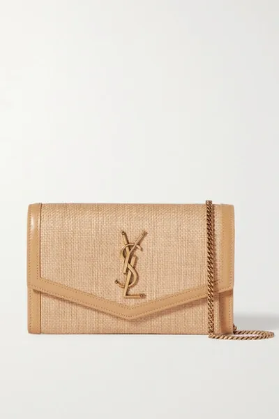 Saint Laurent Uptown Leather-trimmed Raffia Shoulder Bag In Natural Hay Blush