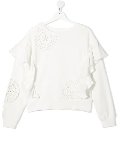 Monnalisa Perforated Ruffled Sweatshirt In 白色