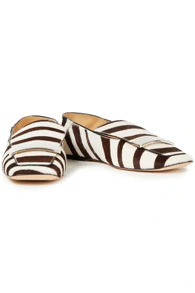 Sergio Rossi Sr1 Embellished Striped Calf Hair Collapsible-heel Loafers In Ecru