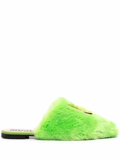 Moschino Logo-plaque Faux-fur Mules In Grün