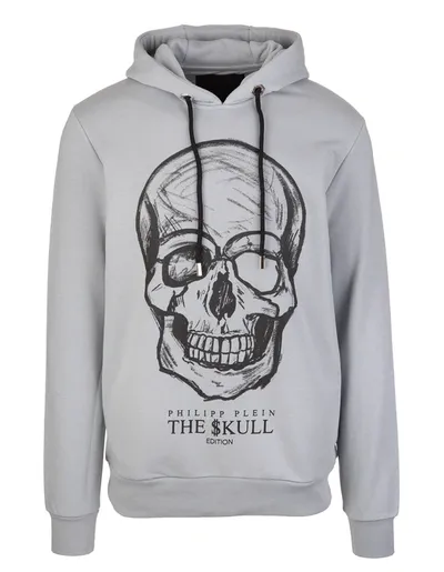 Philipp Plein Man Light Grey Hoodie With Printed Skull In Grau