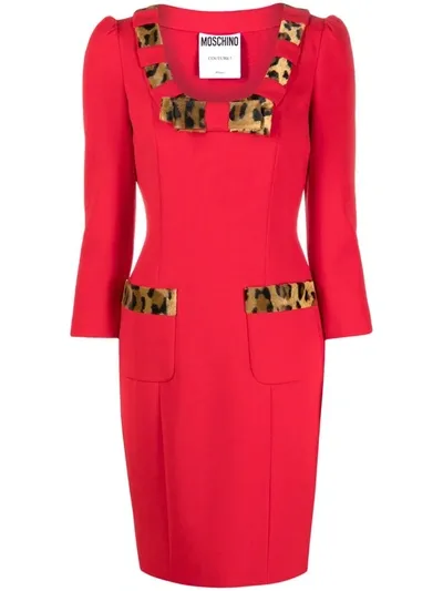 Moschino Leopard-trim Bow Detail Dress In Rot