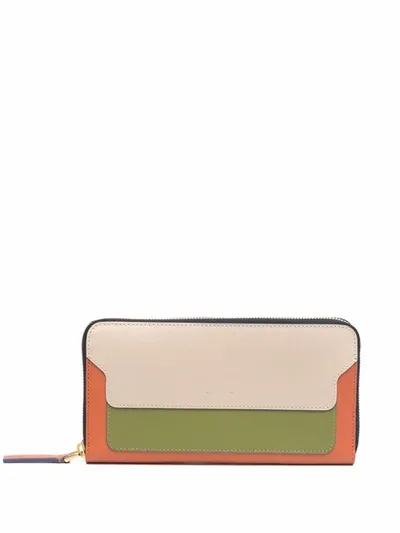 Marni Colour-block Zip Leather Wallet In Orange