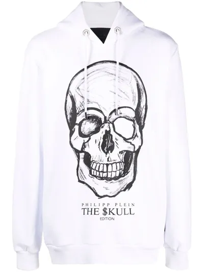 Philipp Plein Man White Hoodie With Printed Skull