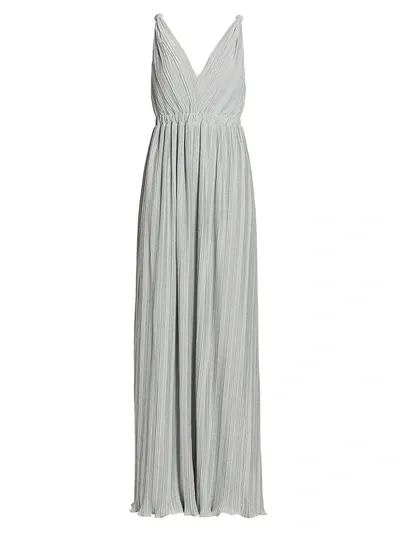 Halston Pleated Metallic V-neck Sleeveless Gown In Steel