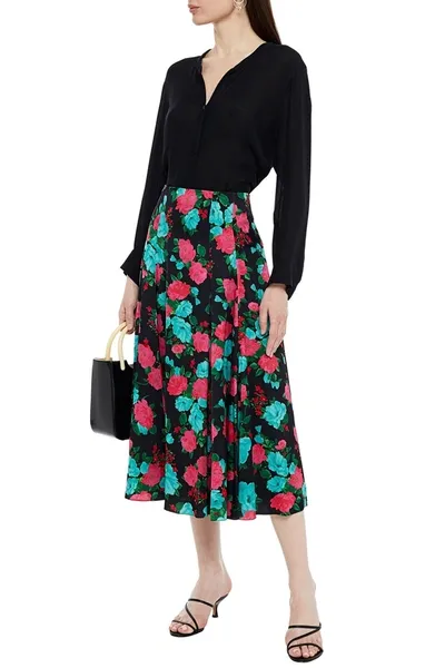 Erdem Vesper Floral-print Satin Midi Skirt In Black