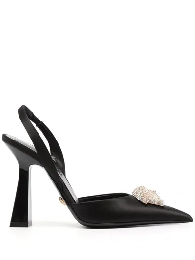 Versace Crystal Medusa Head Embellished Slingback Sandals In Black