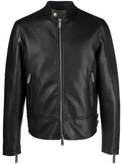 Dsquared2 Standing Collar Zipped Leather Jacket In Black