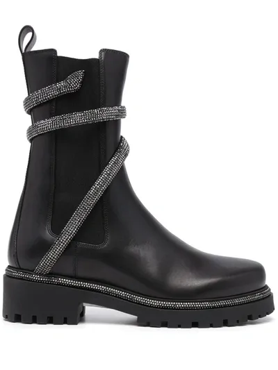 René Caovilla Black Snake-embellished Leather Ankle Boots