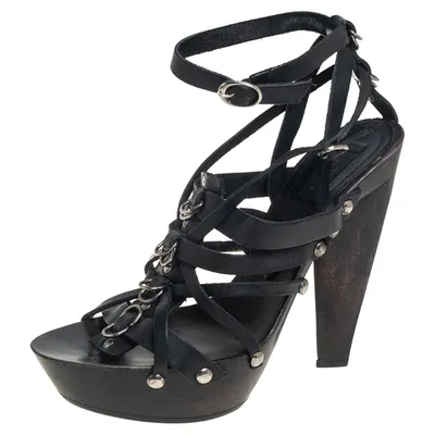 Pre-owned Etro Black Leather Strappy Platform Ankle Strap Sandals Size 39