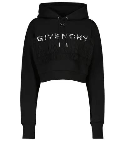 Givenchy Cropped Lace-trimmed Embroidered Cotton-jersey Sweatshirt In Black