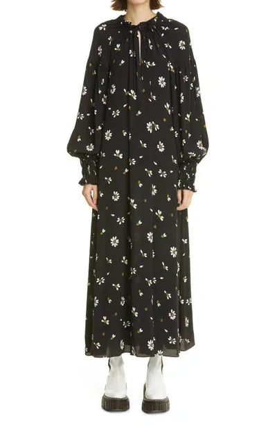 Rosetta Getty Daisy Print Long Sleeve Crepe Dress In Black