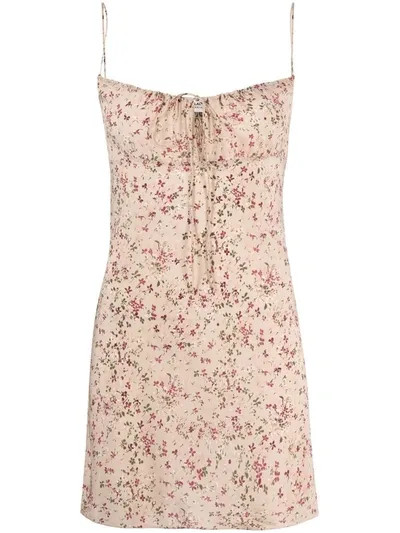 Saint Laurent Floral-print Spaghetti-strap Dress In Neutrals