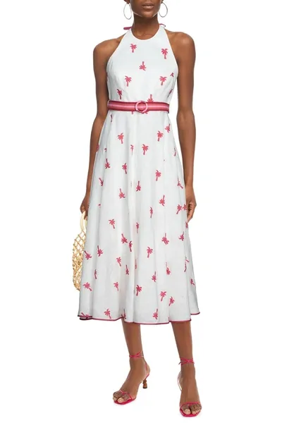 Zimmermann Fiesta Palm Belted Embroidered Linen Halterneck Midi Dress In White