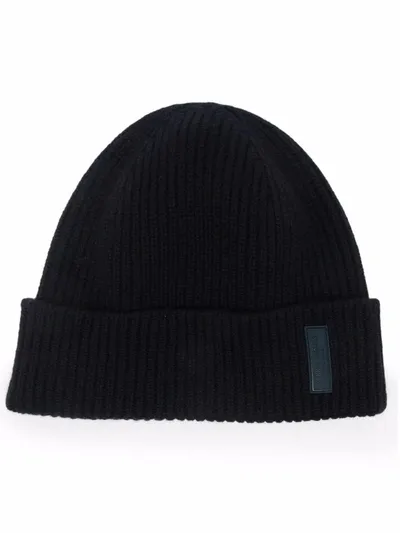 Giorgio Armani Logo-patch Cashmere-knit Beanie In Blu Notte