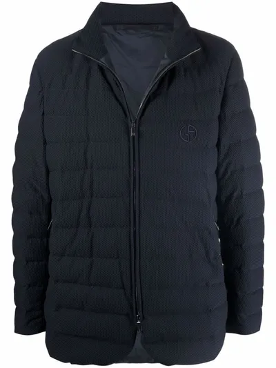 Giorgio Armani Logo-embroidered Quilted Mesh-jersey Down Jacket In Blue