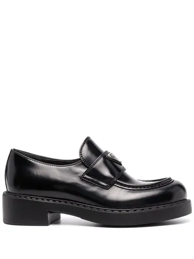 Prada Enamel Triangle Logo Plaque Loafers In Nero