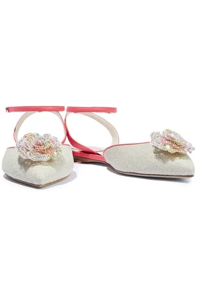 René Caovilla Floral-appliquéd Leather-trimmed Woven Point-toe Flats In Sand