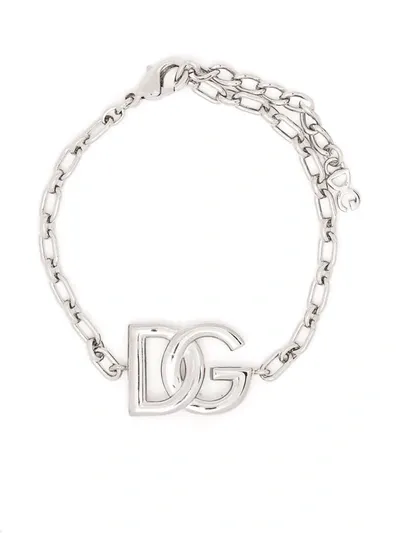 Dolce & Gabbana Logo-plaque Chain-link Bracelet In Grey