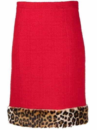 Moschino Leopard Print Detail Bouclé Skirt In Red