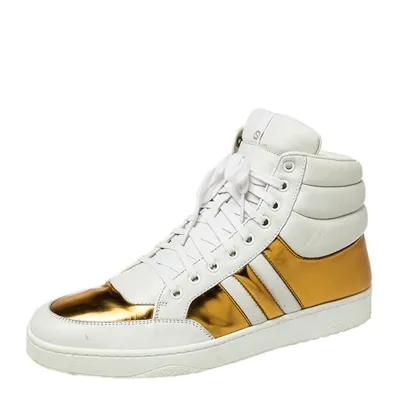 Pre-owned Gucci White/gold Leather Lace Up High Top Sneakers Size 43.5