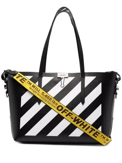 Off-white Binder Diagonal Stripe Leather Tote In Black