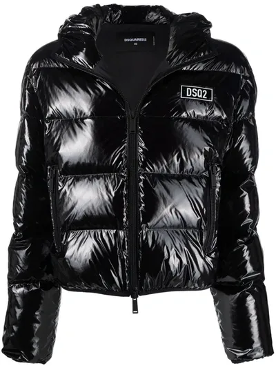 Dsquared2 Shiny Ripstop Hooded Down Jacket In Black