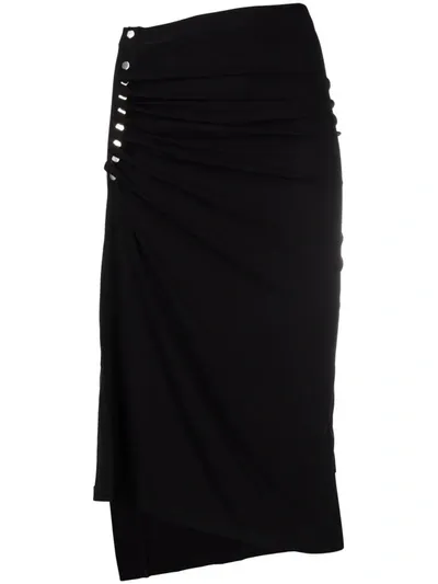 Rabanne Asymmetric Snap Stretch Virgin Wool Midi Skirt In Nero