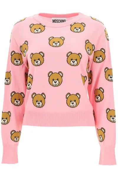 Moschino Pull In Cotone Con Teddy-all-over In Pink,brown,black