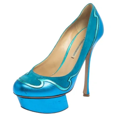 Pre-owned Nicholas Kirkwood Blue Suede And Leather Platform Pumps Size 36.5