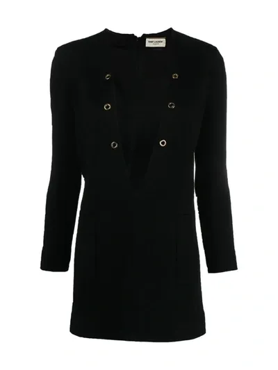 Saint Laurent Black Plunging V-neck Dress