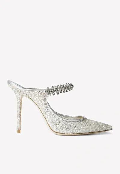 Jimmy Choo Bing 100 Glittered Tulle Mules In Silver