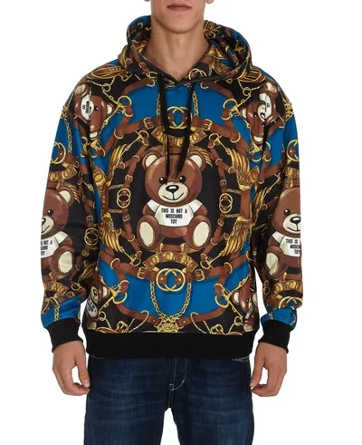 Moschino Teddy-print Long-sleeved Hoodie In Light Blue